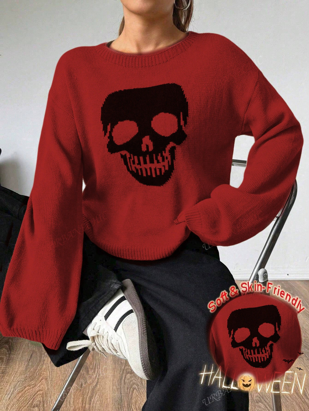 ZARA Fun Halloween Skull Digital Print Knit Sweater Fall Winter